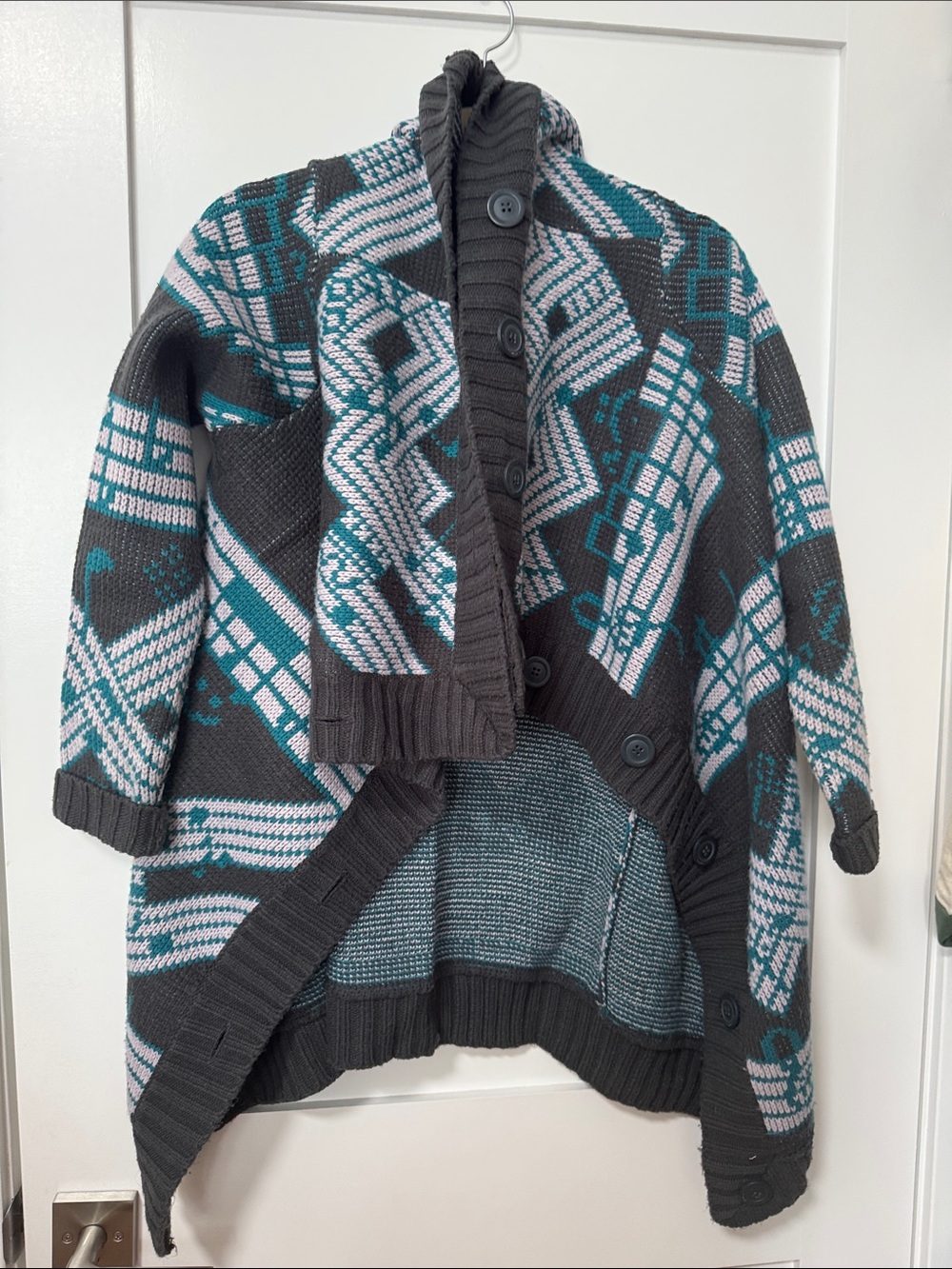 Cheap Monday Teal, Gray & White Geometric Knit Cardigan